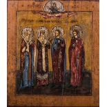 A Russian Icon, 18th or 19th Century, four named Saints in conversation, tempera on panel,