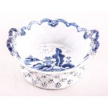 A small Lowestoft blue and white basket shaped dish, circa 1770, double loop handles,