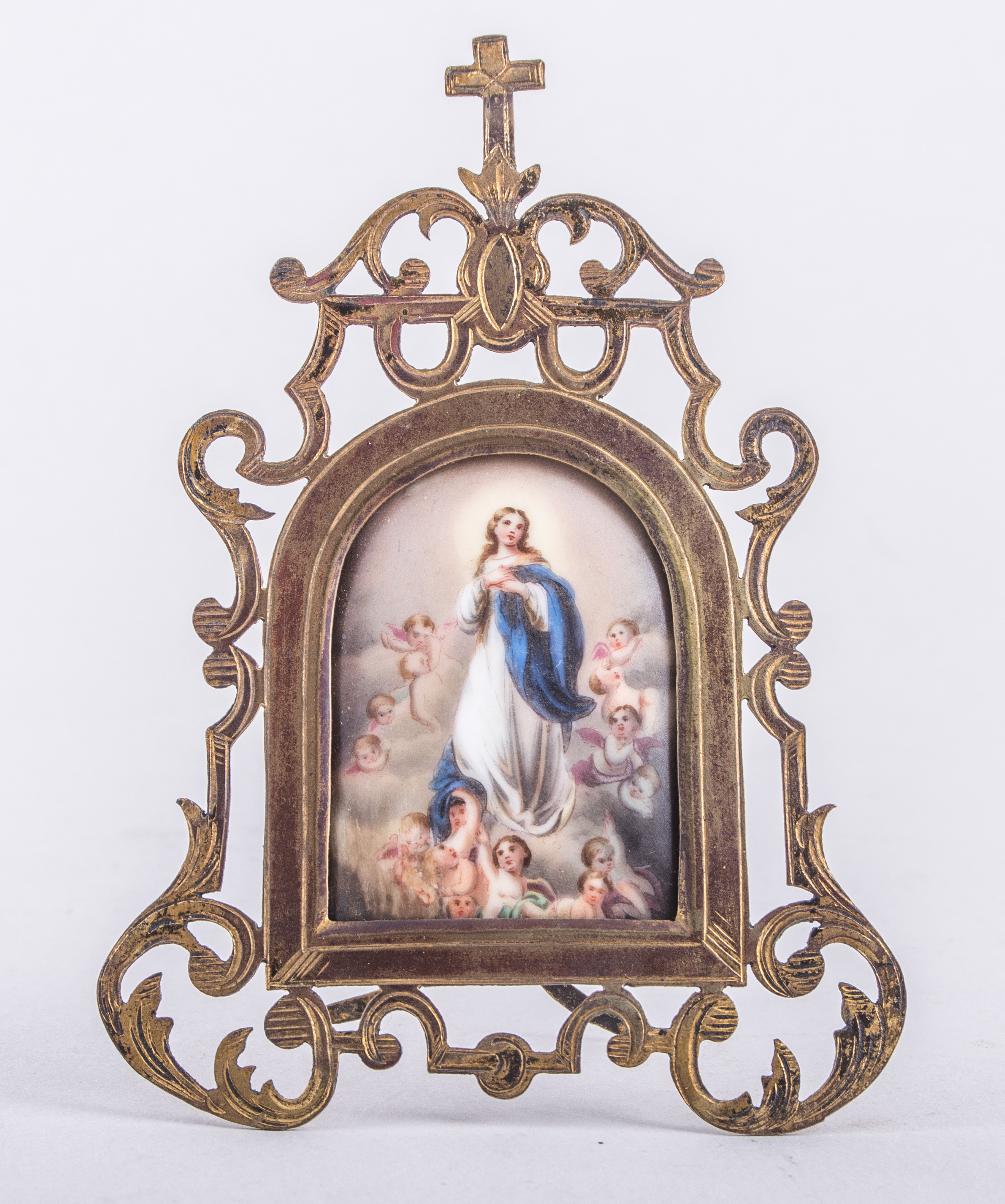 A German porcelain arched plaque, Madonna and Child, over a print foundation, 9cm x 6cm, - Image 2 of 2