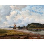 J P Godfrey French Frigate and a Steam Tug in an Estuary indistinctly signed oil on canvas 56cm x