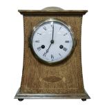 Arts & Crafts oak mantel clock, with chevron banding, stringing and inlay, partly repainted,