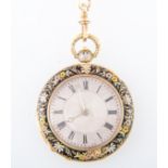 A lady's French pair cased enamelled fob watch and chain,