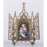 A German porcelain arched plaque, Madonna and Child, over a print foundation, 9cm x 6cm,