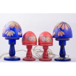 A pair of blue tinted satin glass mushroom shape table lamps, painted decoration of horse chestnuts,