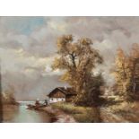 Jan Van Hessel Fishing by the Bridge signed oil panel 19cm x 24cm and a companion work,