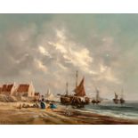 Barbara Gudrun Sibbons Dutch Beach Scene, with Moored Boats signed oil on canvas 41cm x 51cm.