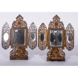 A Pair of Neapolitan inlaid olive wood triptych strut mirrors, late 19th Century,