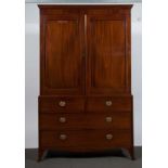 A George IV mahogany press cupboard, moulded cornice, plain frieze,