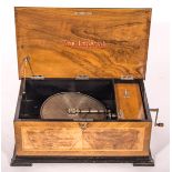 "The Imperial", A walnut cased polyphon, playing 30cm discs, part ebonised interior,