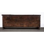 A joined oak coffer, six plank construction, basically 18th century, width 158cm, depth 46cm,