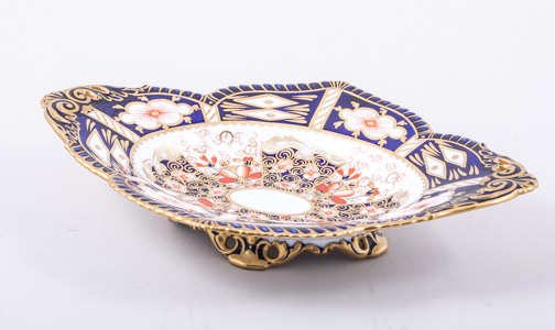 A Royal Crown Derby bone china lozenge shape dish, 1912, Imari pattern, quadrefoil outline,