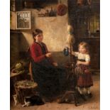 Otto Rethel Spinning wool signed oil on canvas 74cm x 59cm.