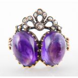 A Victorian amethyst and rose cut diamond ring, a pair of oval cabochon cut amethyst 11.