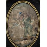 A George III embroidered and painted silk picture, girl with a bird and attending dog, damaged,