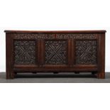 A joined oak coffer, basically early 18th Century, three panelled lid, at the front initialled,