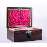A Victorian rosewood work box, mother and pearl and abalone lozenge inlay,