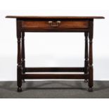 A joined oak side table, 18th Century, rectangular top with a moulded edge, single frieze drawer,