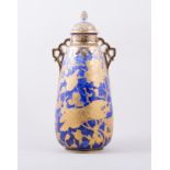 A Derby Crown Porcelain two handled pot pourri vase, 1889, slender ovoid form, powder blue ground,