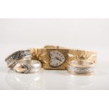 Collection of silver rings, wrist watches, two ladies wrist watches with 9 carat gold cases.