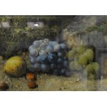 Still life, Grapes and fruit by a mossy bank, colour print, 23cm x 32cm, oak frame.