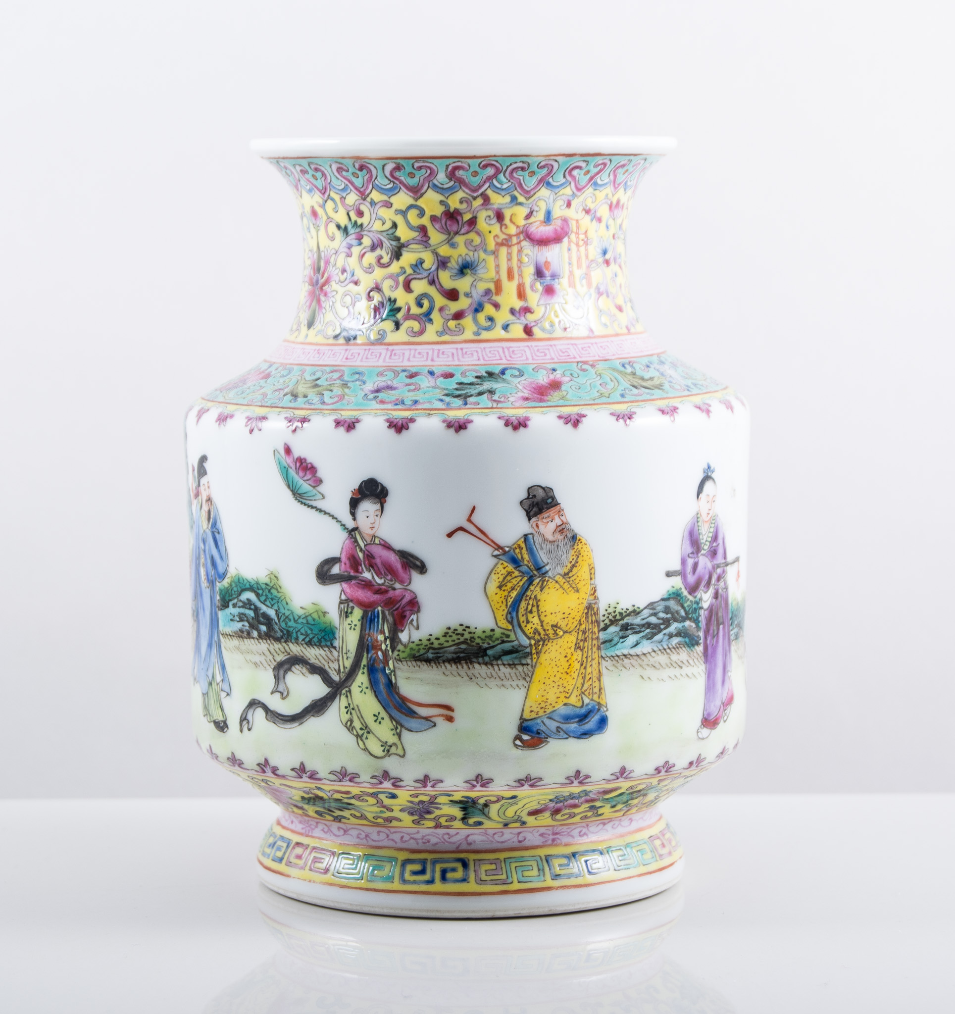 Chinese yellow ground vase, cylindrical section, painted with figures in a continuous landscape, - Image 2 of 2
