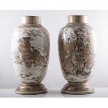 Pair of Satsuma vases on single round foot with gilded wave decoration,