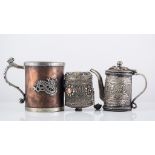 Chinese tankard, applied dragons, height 11cm, silver plated candlesticks, tray and other metalware.