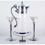 Electroplated mounted claret jug, salts and other electroplate.