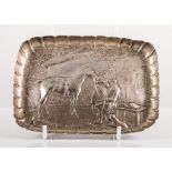 Silver rectangular card tray with scene of horse and rider outside a cottage, 16cm x 11cm,