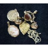 Ten items of jewellery, cameo pendant and ear studs, three stone agate seal,