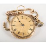 18 carat yellow gold open face fob watch, gold coloured dial with Roman numeral chapter ring,