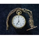 18ct gold open faced pocket watch, and a yellow metal watch chain, stamped 9c, (2).