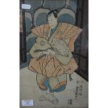 Seven Japanese woodblock prints, including Theatrical characters, 35cm x 24cm, framed and glazed.