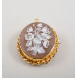 Oval carved shell cameo brooch, 30mm x 22mm, floral design,