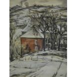 Unsigned watercolour, Winter Scene with houses to centre of landscape, 46cm x 36cm,