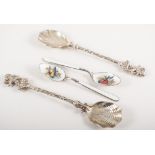 Set of six silver enamelled coffee spoons, bowls decorated with birds, WWG & S, Birmingham 1975,