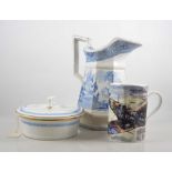 Worcester Grainger & Co dish, cover and stand, Beswick cottage three piece tea set, two decanters.