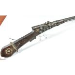 Indian Matchlock rifle, long banded barrel, bone inlaid stock, overall length approximately 175cm,