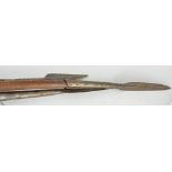 A tribal spear, hide mounted stained wood shaft, overall length 98cms,