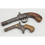 A small pocket pistol, 7.5cm barrel, stained wood grip, and another small pistol, (2).