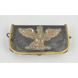 A Continental box pouch, leather bound with metal mounts, attached crest of a crowned eagle,