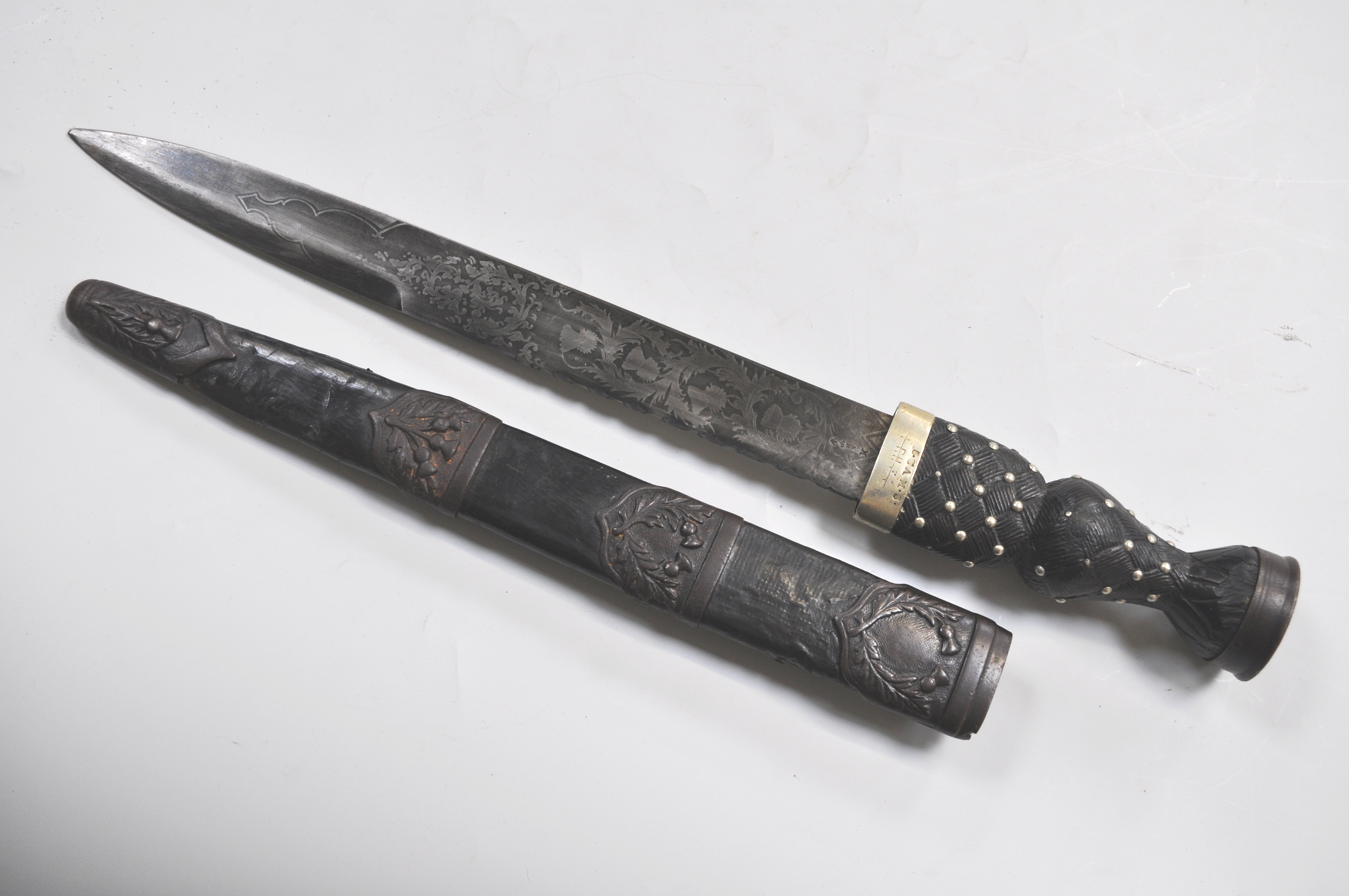 Scottish Military Dirk, the pommel with metal cap and Crown, leather bound studded grip, - Image 2 of 8