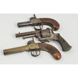 19th Century English pocket pistol, 4cm cylindrical barrel, engraved lock plate, walnut grip,