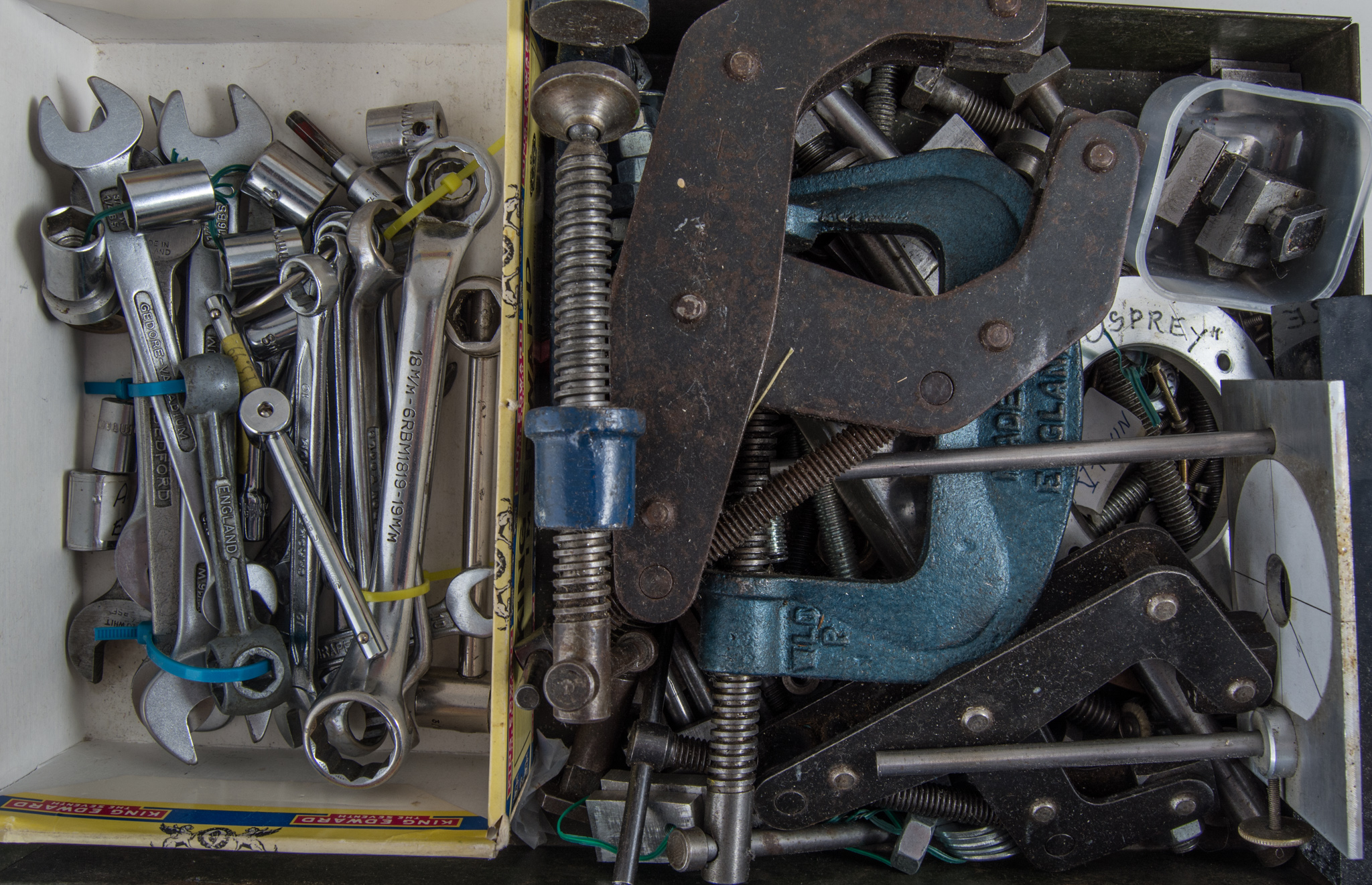 METAL TRAY containing CLAMPS, SPANNERS etc.