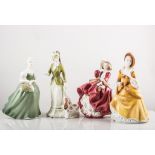 Five Royal Doulton figures, Top O' The Hill, HN 1834 (cracked), Sarah HN 3852, Clarissa HN 2345,
