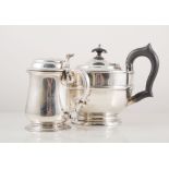 Three-piece silver tea set by Viners, Sheffield 1931, the teapot with composition handle and finial,