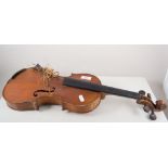 Stradivarius copy of a violin, two-piece back, with bow,