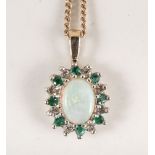 An opal, emerald and diamond pendant,