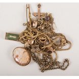 Collection of 9ct gold jewellery, tassel necklace (broken), charm bracelet, cross, cameo brooch,