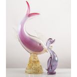 Murano tinted Vaseline glass model of a leaping fish, 46cm and two other items of coloured glass,